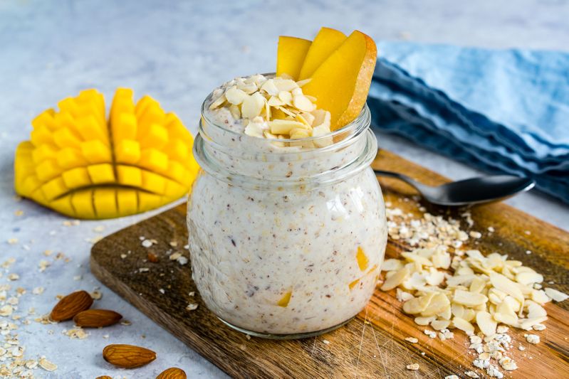 Overnight oats with mango and greek yogurt healthy breakfast recipe