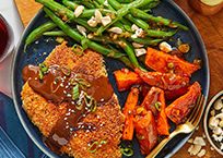 Pork chops with sweet potatoes and green beans